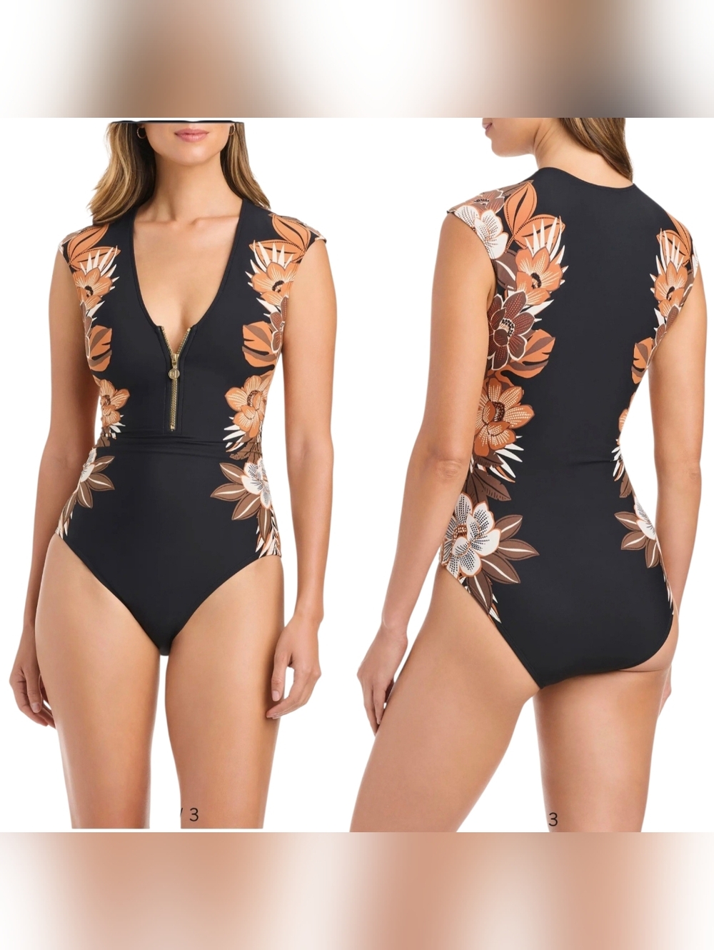 Bleu Rod Beattie Black One-Piece  Floral Accents Front Half Zip Cap Sleeve Sz 10